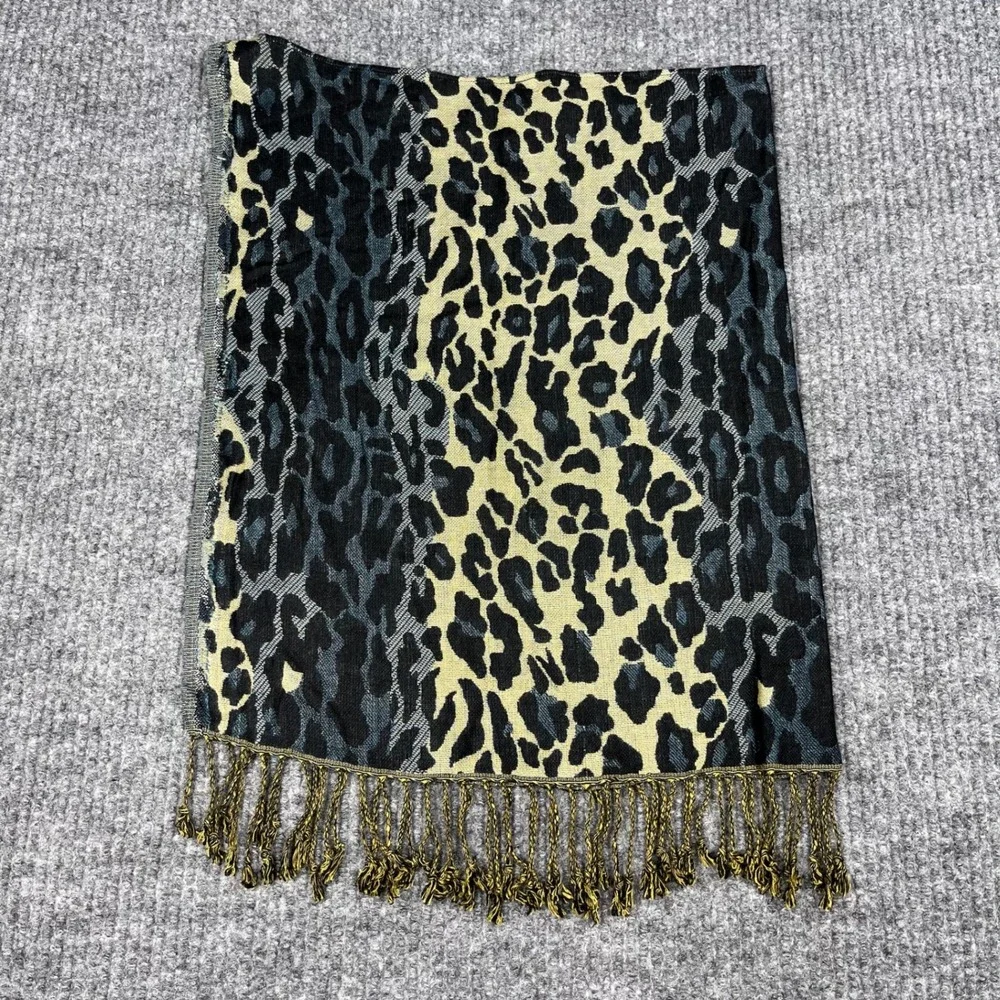 The Poshmina Scarf Womens Teal Tan Leopard Print Fringe Shawl Wrap Boho USA Made